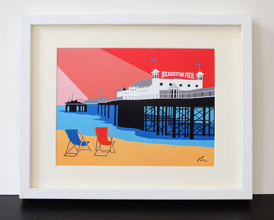 BRIGHTON PIER themed Mounted Fine Art Print - British Seaside - Art Deco - Travel Poster - by Rebecca Pymar