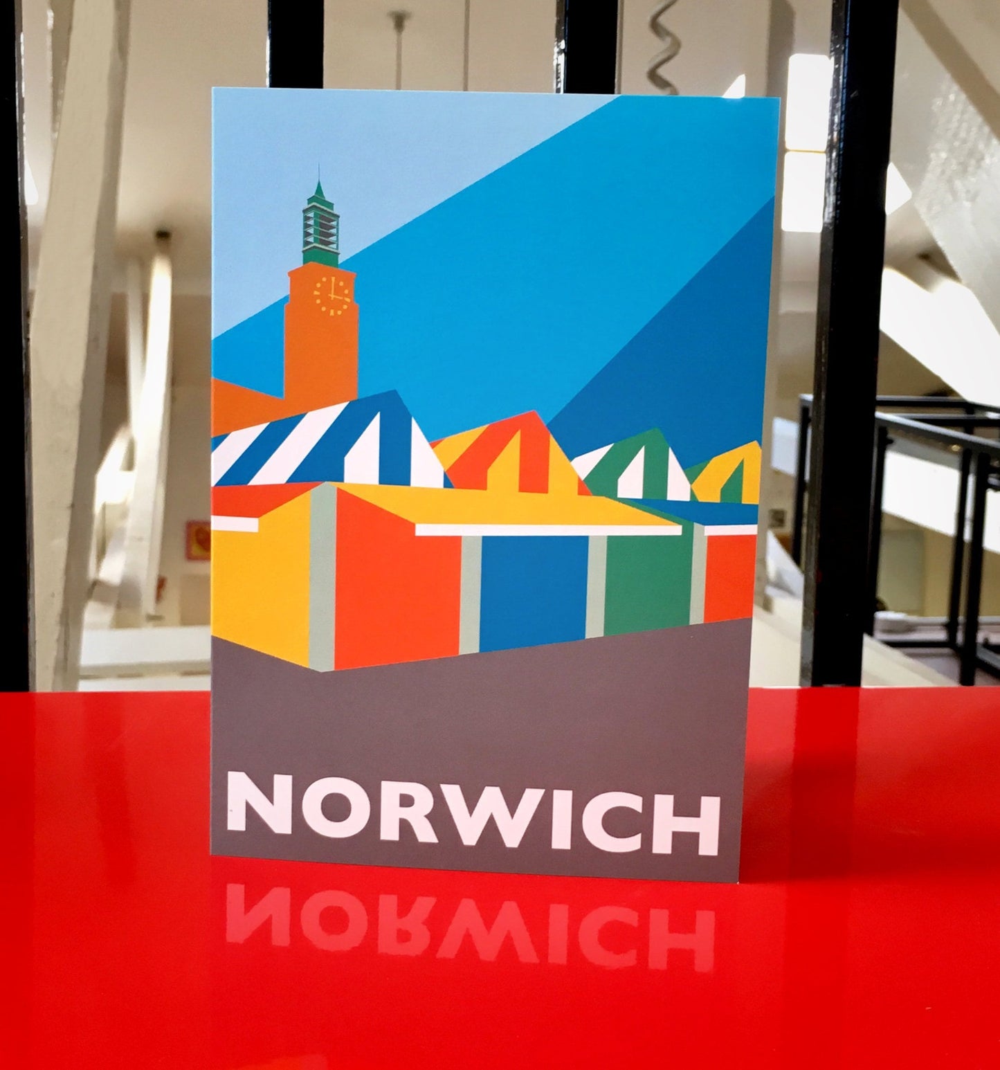 NORWICH Market and Town Hall Travel Poster Style Greetings Card by Rebecca Pymar