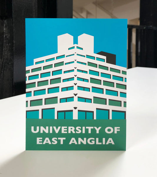 UNIVERSITY of East Anglia - UEA - Ziggurats - Travel Poster Style Greetings Card by Rebecca Pymar