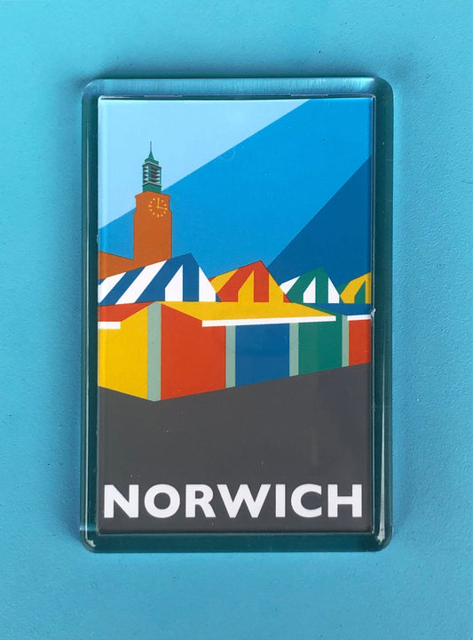 NORWICH MARKET and Town Hall Travel Poster Style Fridge Magnet by Rebecca Pymar