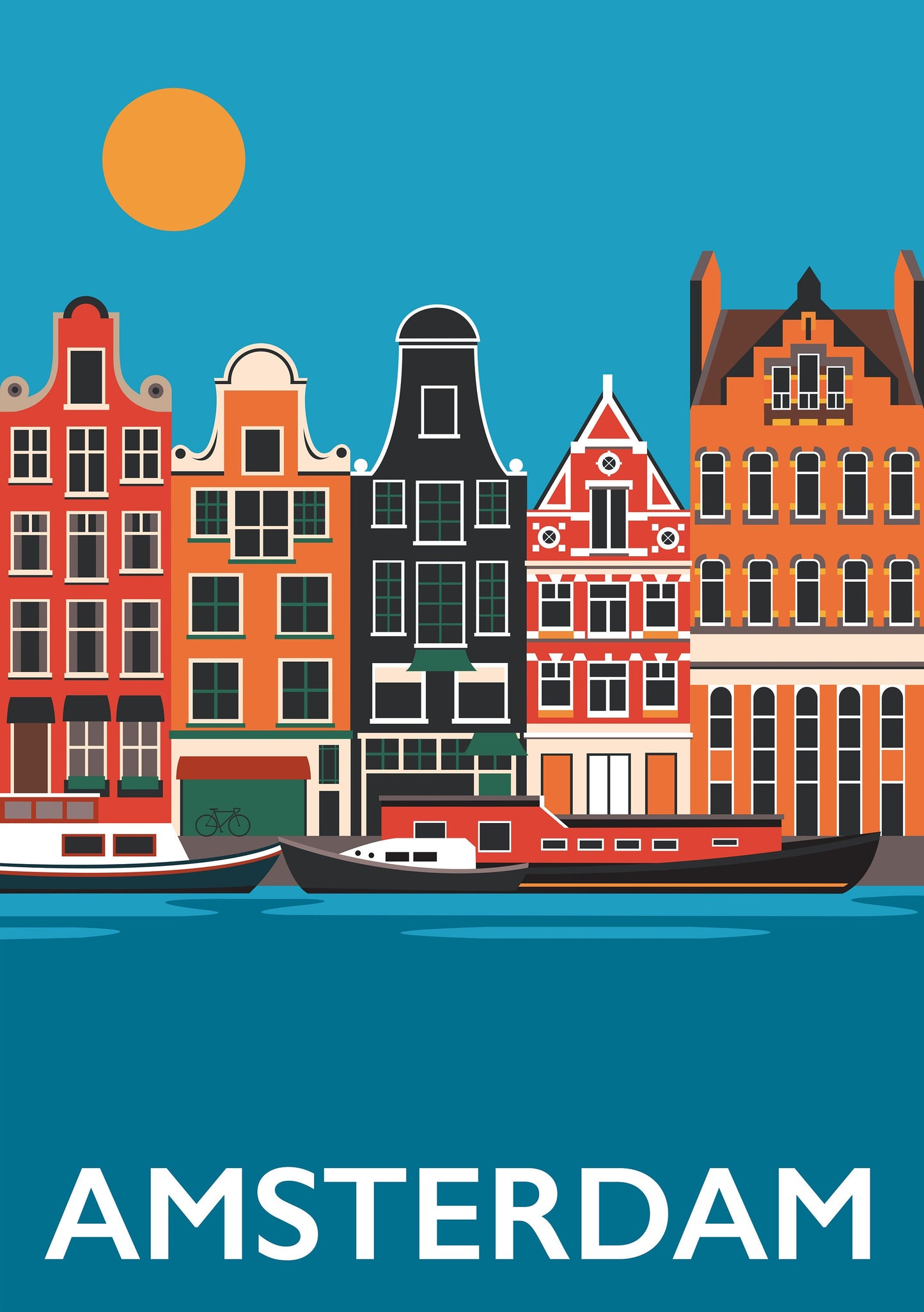 Amsterdam Travel Poster - Holland Print - Amsterdam Canal -  The Netherlands - Art Deco Print - Illustration by Rebecca Pymar