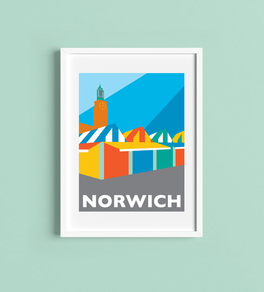 NORWICH Travel Poster - NORWICH MARKET - Art Deco Print - Illustration by Rebecca Pymar