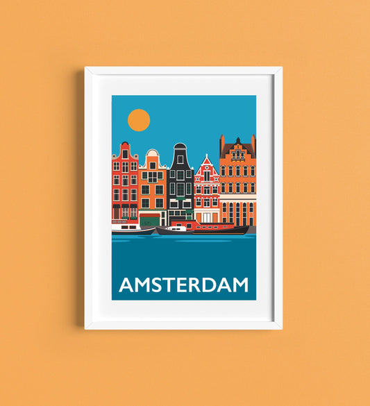 Amsterdam Travel Poster - Holland Print - Amsterdam Canal -  The Netherlands - Art Deco Print - Illustration by Rebecca Pymar