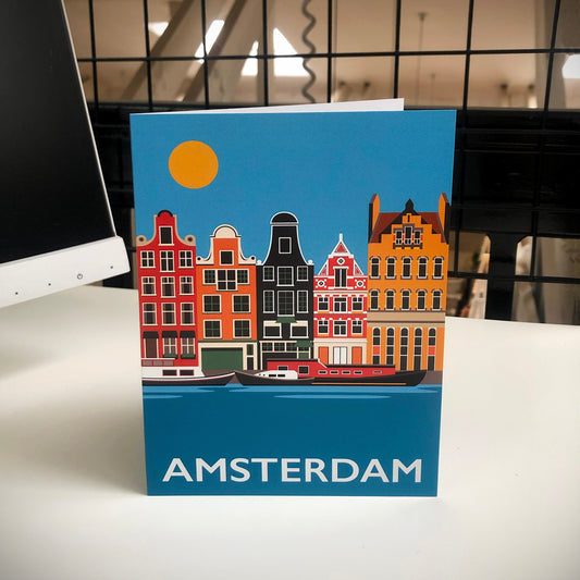 Amsterdam, The Netherlands, Travel Poster Style Greetings Card by Rebecca Pymar