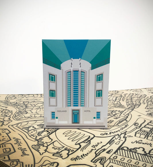 MIDLAND HOTEL - Morecambe - Art Deco Hotel - Travel Poster Style Greetings Card by Rebecca Pymar