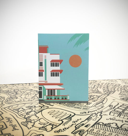 MIAMI BEACH - Art Deco - Travel Poster Style Greetings Card by Rebecca Pymar